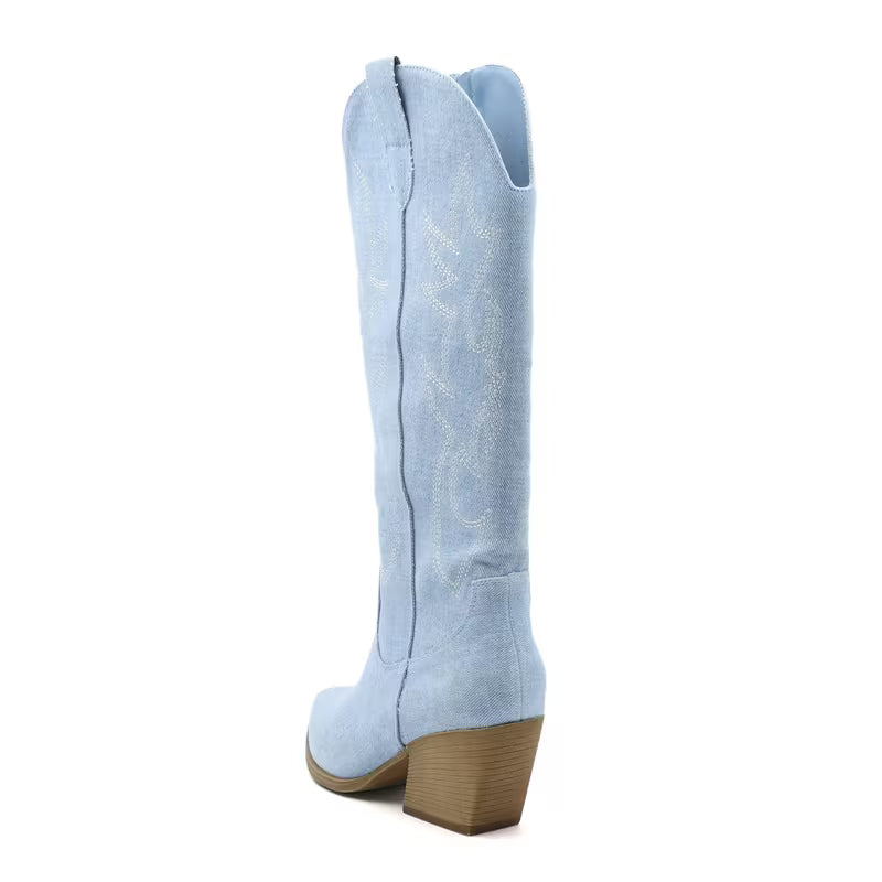 Embroidered Denim Western Boots for Women
