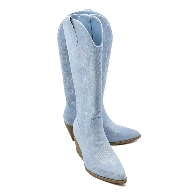 Embroidered Denim Western Boots for Women